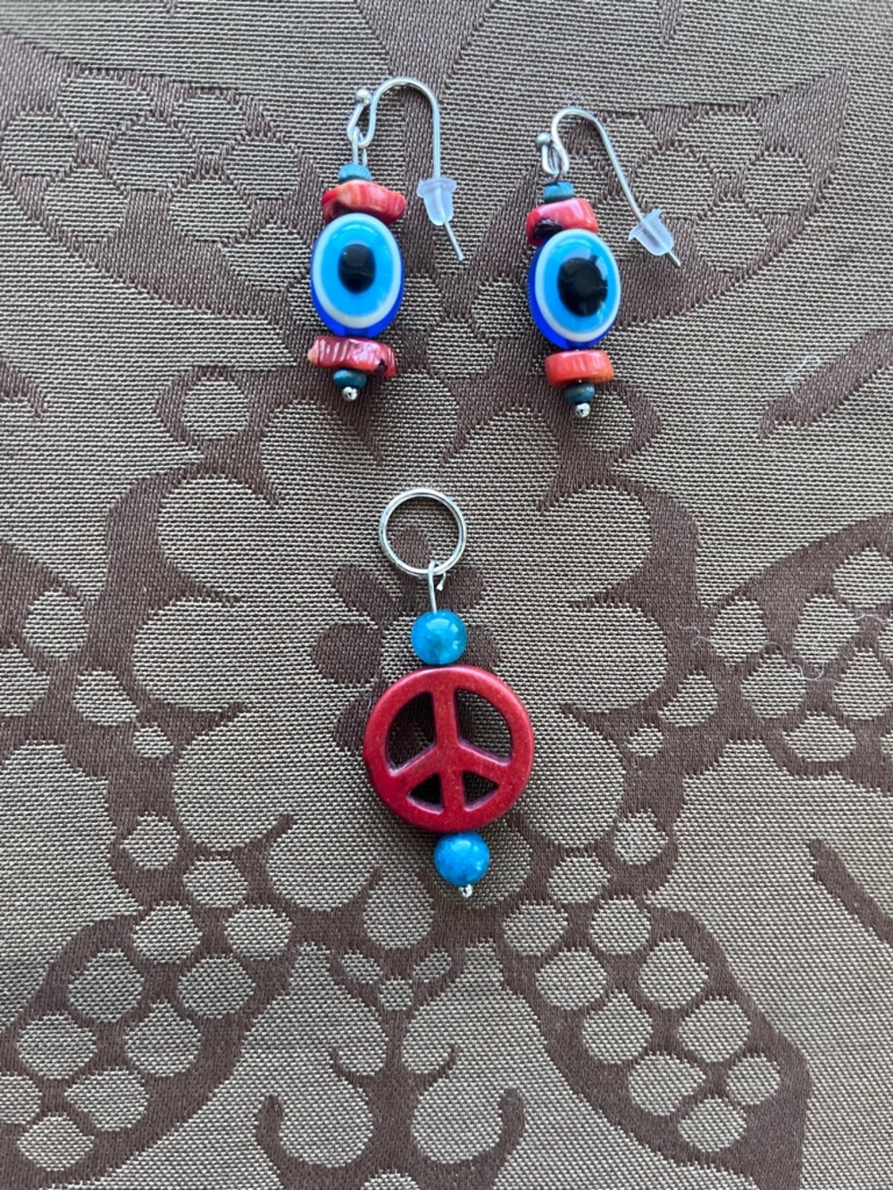 Peace Sign pendant and ‘evil eye’ earrings